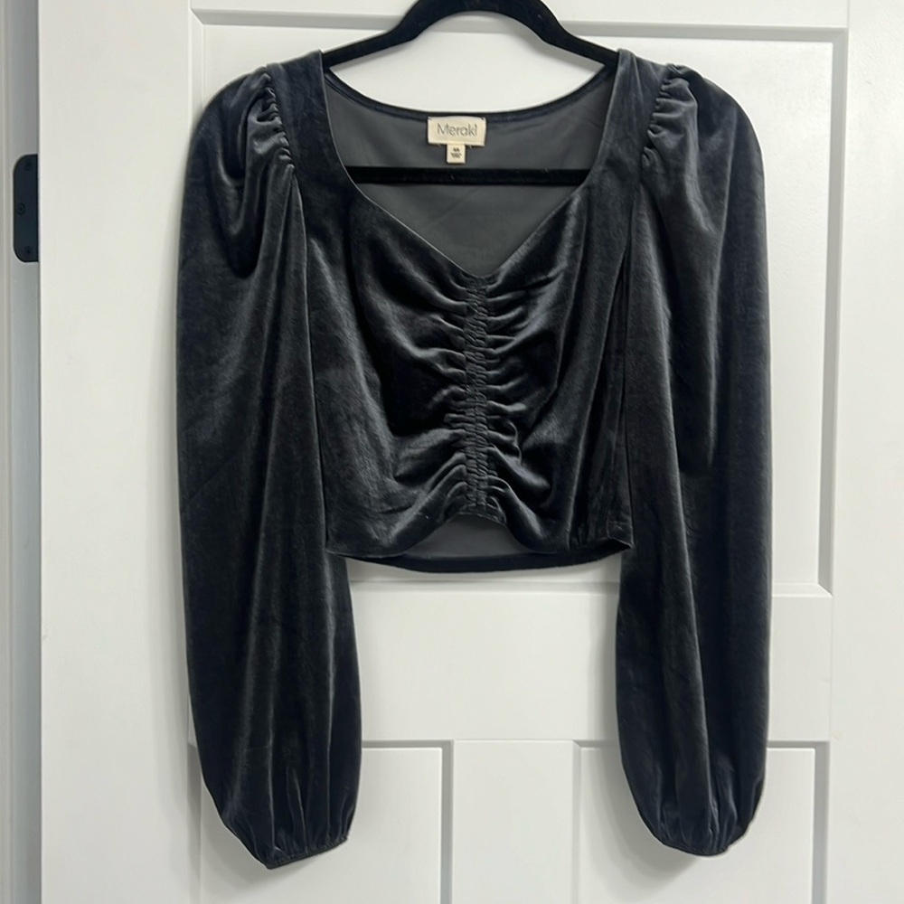 Meraki Velour Velvet Ruched Puff Long Sleeve Crop Top Slate Dark Grey XS - Picture 2 of 3